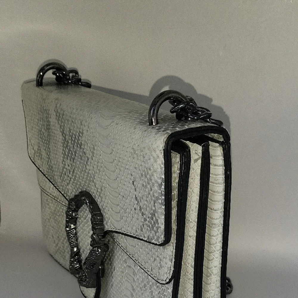 Snake Print Silver & White Chain Strap   Bag